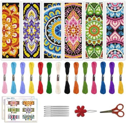 ACRNIGHEET 6PCS Cross Stitch Bookmark Kit for Beginner Mandala Stamped Cross Stitch Kits for Adults DIY Embroidery Bookmark Kits Crossstitch Kits Adult with Instructions Hand Craft Gift 11CT by ACRNIGHEET