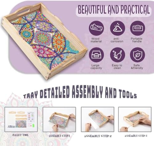 EWJRNSF Diamond Art Kits for Adults Wooden Serving Trays with Handles, 5D Diamond Painting Big Gem Arts and Craft Gifts Trays Decor Gift Home Decor 7.8x11.8 Inches Mandala A - Image 3
