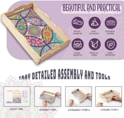 EWJRNSF Diamond Art Kits for Adults Wooden Serving Trays with Handles, 5D Diamond Painting Big Gem Arts and Craft Gifts Trays Decor Gift Home Decor 7.8x11.8 Inches Mandala A - Image 3