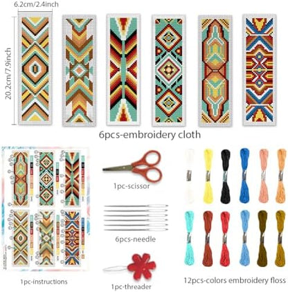 BEUNITONE Cross Stitch Bookmarks Kit 6 Pcs Geometric Pattern DIY Bookmarks Cross Stitch Kits for Beginners Boho Floral Fabric Bookmark Kit Traditional Decorative Counted Knitting Kit 8''x2.4'' - Image 2