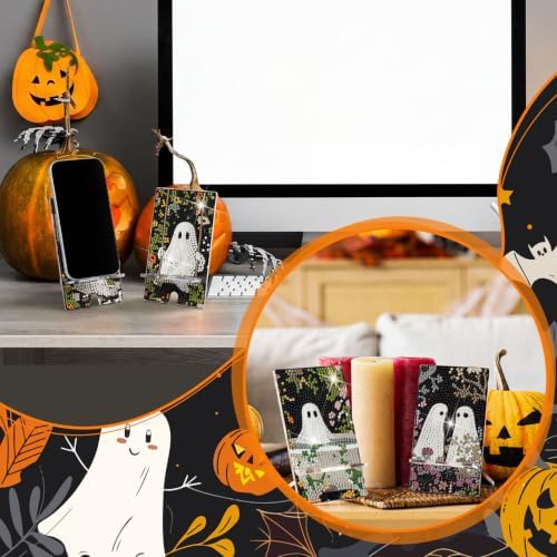 Saillong 6 Pcs Halloween Ghost Diamond Painting Phone Holder, Full Drill - Image 2