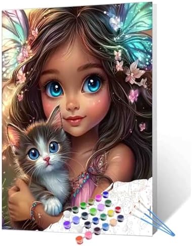 DIY Paint by Numbers for Adults African America Girl Painting Acrylic Paint Digital Oil Painting Little Girl and Cat Painting Kits Black History Canvas Art Bedroom Decor 16x20 Inch（Without Frame ） by TUMOVO