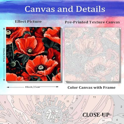 JUJUHOOD Red Poppy Paint by Numbers Kit for Adults Beginner & Kids Ages 8-12, Easy Flower Paint by Number Without Easel, Simple Paint by Numbers for Gift Home Wall Decor (10x10Inch) - Image 3