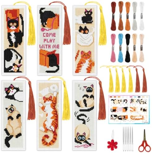 INFUNLY 6 Pcs Cute Cat Cross Stitch Bookmark Kit with Tassels, Stamped Pre-Printed Embroidery for Adult Beginners, Tools with Floss Scissors Needles Instructions, DIY Gift for Book Lovers by INFUNLY