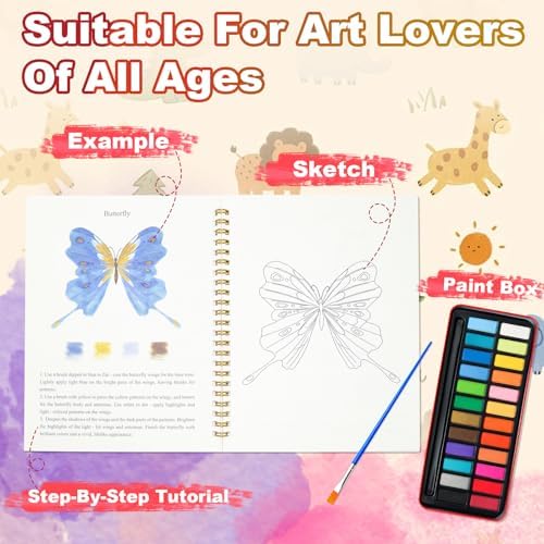 Watercolor Workbook Coloring Book for Adults, Beginner Friendly Painting Kit with 24 Colors Paint, Animals Theme - Image 3