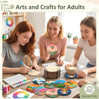Wooden Drink Coasters Kits for Adults, 65 Pcs Paint Your Own Set with 24 Markers, 20 Coasters, 20 Cork Mats, 1 Holder(Landscape) - Image 5