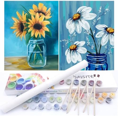 BAISITE Paint by Numbers Kit for Adults Beginners,12" Wx16 L 2 Pack Canvas for Painting Kits for Adults in Colorful Box-Daisy and Sunflowers 0304 by PaintbyNumbersKitsforAdults