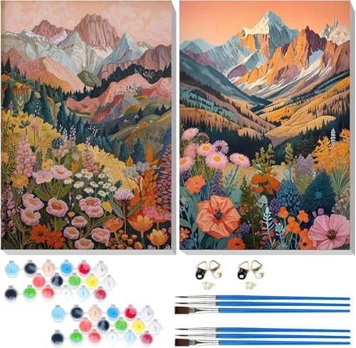 TCDZMYGS 2 Pack Flowers Paint by Numbers Kit for Adults Beginner,Mountain Paint by Number Kits Without Frames,DIY Acrylic Oil Painting by Numbers for Home Wall Decor 11.8 x 15.7 inch by TCDZMYGS