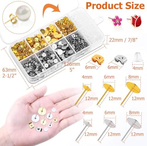 Hypoallergenic Earring Posts and Backs, Caffox 2000pcs Stud Earrings Making Kit with Ear Ring Base and Earring Backs for Leather Stud, Clay, Pearl Jewelry Making (Gold & Silver) - Image 5