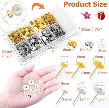 Hypoallergenic Earring Posts and Backs, Caffox 2000pcs Stud Earrings Making Kit with Ear Ring Base and Earring Backs for Leather Stud, Clay, Pearl Jewelry Making (Gold & Silver) - Image 5