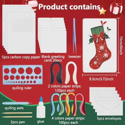 WEBEEDY 20 Sets Christmas Paper Quilling Kit for Adult Beginner Handmade Christmas Tree Snowman Ball Socks Patterns Greeting Card with Instuction DIY Holiday Congratulation Cards for Party Decor - Image 2