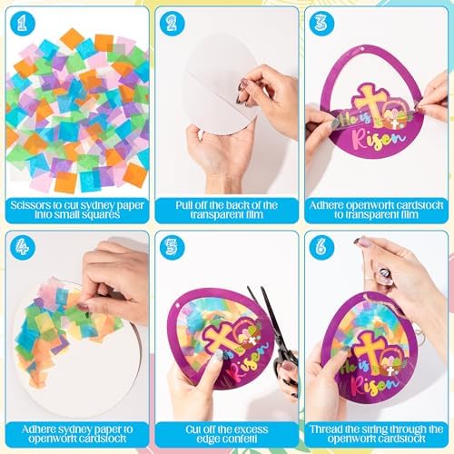 CJiangpo 24 Sets Religious Easter Egg Suncatcher Craft Kits, He is Risen DIY Stained Glass Window Ornament Rainbow Tissue Paper Art Craft for Classroom Sunday School Activities Christian Party Decor - Image 3