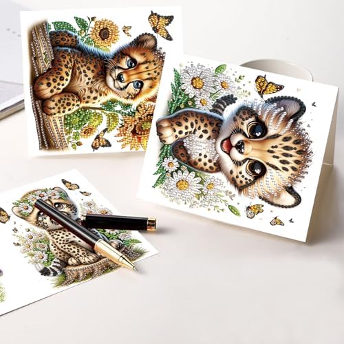 LazyFold 6 Pcs Diamond Art Painting Greeting Cards Kits, DIY Cute Leopard Handmade Festival Greeting Cards with Envelopes Diamond Art Crafts Birthday Cards Creative Gift - Image 6