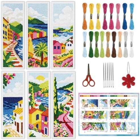 INFUNLY 6pcs Scenery Cross Stitch Bookmark Kit DIY Beach Stamped Embroidery Bookmark Kits 8.7×3.2" Mountain Needlepoint Kit with Instruction Town Easy Cross Stitch Kits for Book Lovers Readers by INFUNLY