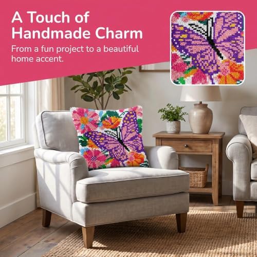 Latch Hook Kits for Adults Beginner,17x17 inch Butterfly Floral DIY Crochet Pillow Cover Kit Pre-Printed Pillowcase Hook and Latch Kit Needlework Cushion Cover for Home Sofa Decor (Butterfly Flowers) - Image 2