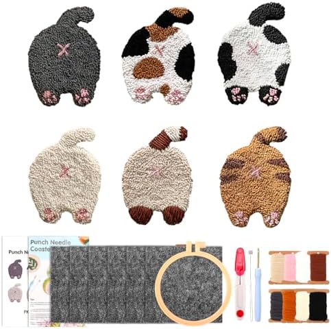 JarThenaAMCS 26 Pcs Pet Punch Needle Coaster Kits Cat Crafts Coasters Kit with Adhesive Felt Yarns Embroidery Hoop Instruction for Adults Beginners DIY Decor by JarThenaAMCS