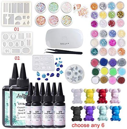 Transparent & Color UV Epoxy Resin Kit 200ML + Choose Any 6 Colors 30ML with 4 Molds 42 Colorful Sequins Holographic Glitter Nacre Pieces for Decoration + Portable UV Lamp for Jewelry Making by VidaRosa