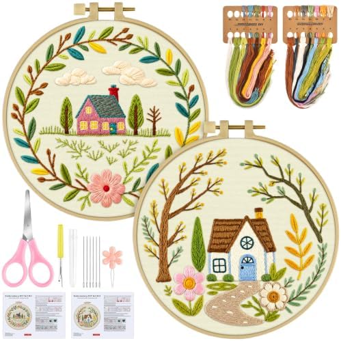 ERKOON Embroidery Kit for Adult Beginners, 2 Set Floral Cross Stitch Set Include Embroidery Cloth Hoops Threads for Craft Lover Hand Stitch with Embroidery Skill Techniques (Flower Cottage) by ERKOON