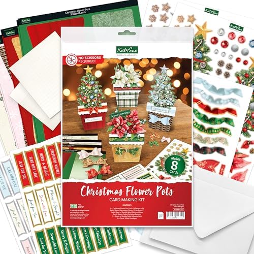 Katy Sue Christmas Flower Pots Card Making Kit. Contains 8 x 300 GSM Cards, Envelopes, 3D Die-Cut Decoupage, Paper Bows, Sticky Foam Pads & 2 Sheets of Christmas Sentiment Banners - Image 2