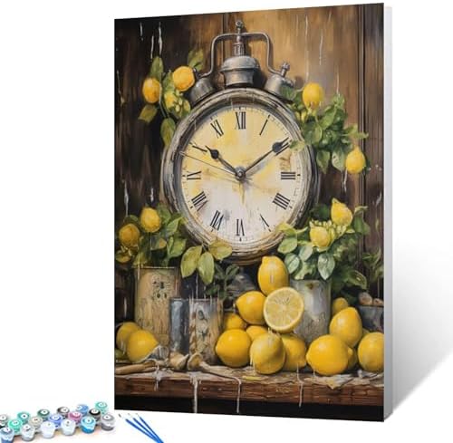 Farmhouse Kitchen Clock with Lemons Oil Painting Paint by Number Kits 16 x 20 inch Canvas Rustic Painting DIY Painting for Kids Students Adults Beginner with Brushes Acrylic Pigment(DIY Frame) by Tucocoo