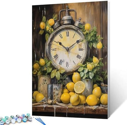 Farmhouse Kitchen Clock with Lemons Oil Painting Paint by Number Kits 16 x 20 inch Canvas Rustic Painting DIY Painting for Kids Students Adults Beginner with Brushes Acrylic Pigment(DIY Frame) by Tucocoo
