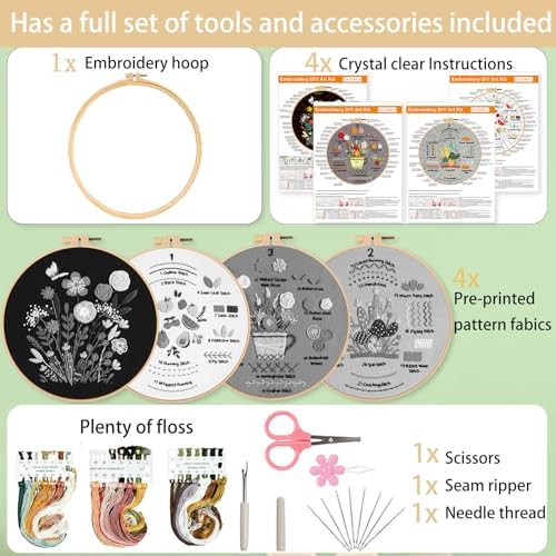 Ohcol Embroidery Kit for Beginners, 4 Floral Patterns, Learn 33 Stitches, Pre-Printed Fabric, Hoop, Colored Threads and Needles, Easy Video Guide, DIY Hand Sewing Gift for Adults and Teens - Image 2