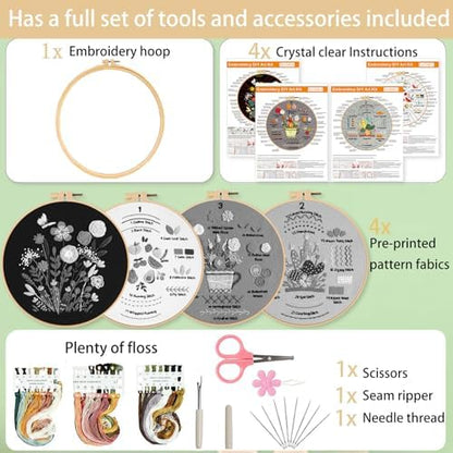 Ohcol Embroidery Kit for Beginners, 4 Floral Patterns, Learn 33 Stitches, Pre-Printed Fabric, Hoop, Colored Threads and Needles, Easy Video Guide, DIY Hand Sewing Gift for Adults and Teens - Image 2