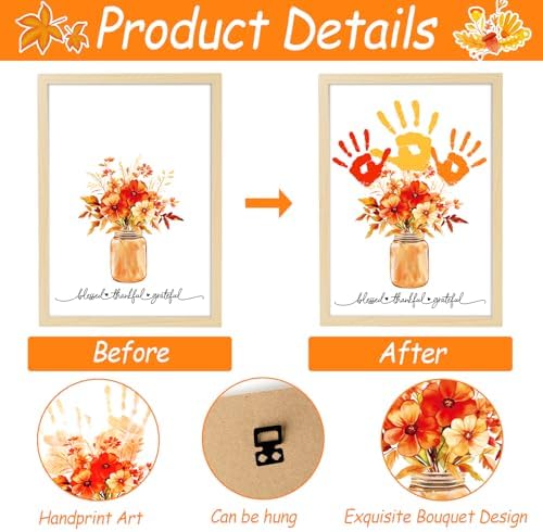Fall Thanksgiving Flower Bouquet Handprint Art Craft DIY Kit Thanksgiving Day Family Handprint Bouquet in Vase Keepsake with Wood Frame Fall Thankful DIY Gifts for Mom Dad Holiday Birthday 12x16 Inch - Image 3