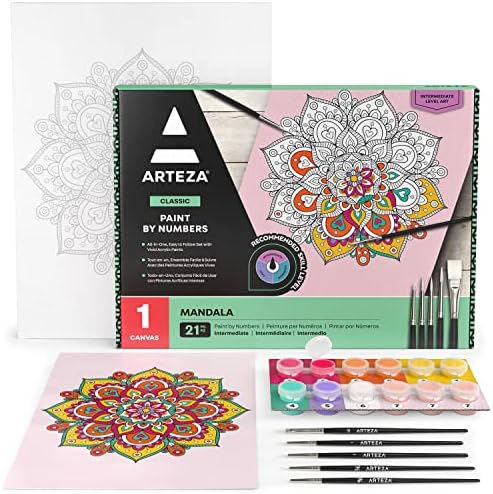 ARTEZA Paint by Number for Adults, 12x16 Inches, 21 Pieces, Mandala Paint by Numbers Kit, Comes with 1 Canvas Panel, 12 Acrylic Paint Pots, 5 Paintbrushes, Art Supplies for Home & Office Wall Decor by ARTEZA