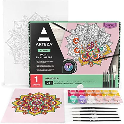 ARTEZA Paint by Number for Adults, 12x16 Inches, 21 Pieces, Mandala Paint by Numbers Kit, Comes with 1 Canvas Panel, 12 Acrylic Paint Pots, 5 Paintbrushes, Art Supplies for Home & Office Wall Decor by ARTEZA