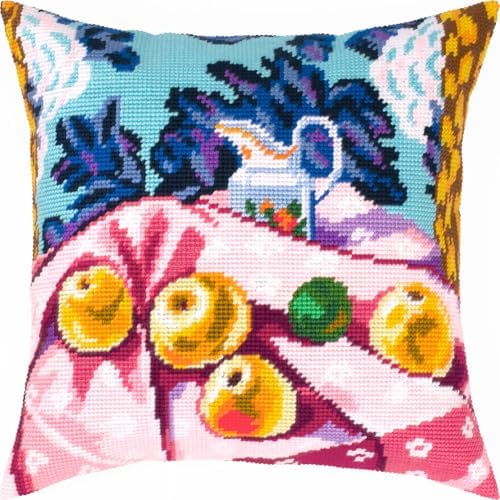 Brvsk Fauvist Stamped Cross-Stitch Kit for Adults and Beginners — Still Life with Apples on Pink Cloth by Henri Matisse 16″ × 16″ with Clear, Precise Printed Design on Cotton Canvas by Brvsk