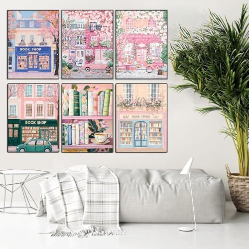 AOSGEDY 6 Packs Bookstore Paint by Numbers Kit for Adults Beginner, Pink Book Shop Adult Paint by Number Kits on Canvas, DIY Acrylic Oil Painting by Numbers for Home Wall Decor 10x14 Inch - Image 4