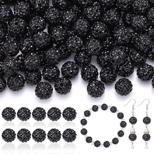 105pcs 10mm Rhinestone Beads for Jewelry Making, Black Shiny Round Disco Ball Beads Bulk, Sparkle Crystal Clay Christmas for Bracelet Baseball Necklace Earring Crafting and DIY by TINKRSTUFF