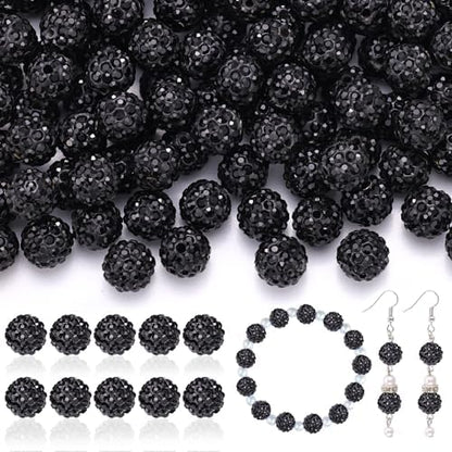 105pcs 10mm Rhinestone Beads for Jewelry Making, Black Shiny Round Disco Ball Beads Bulk, Sparkle Crystal Clay Christmas for Bracelet Baseball Necklace Earring Crafting and DIY by TINKRSTUFF