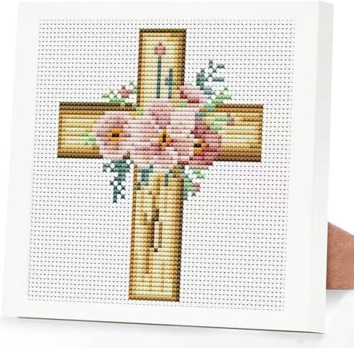 Cross Flower Stamped Cross Stitch Kits for Adults Beginners with Frame by DIYHomeDecor