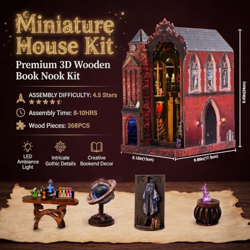 Book Nook Kit for Bookshelf — Arcane Spire Magical Castle 3D Wooden Puzzle, DIY Miniature Dollhouse with LED Lights, Fantasy Book Shelf Insert Decor, Creative Gift for Adults & Teens - Image 4