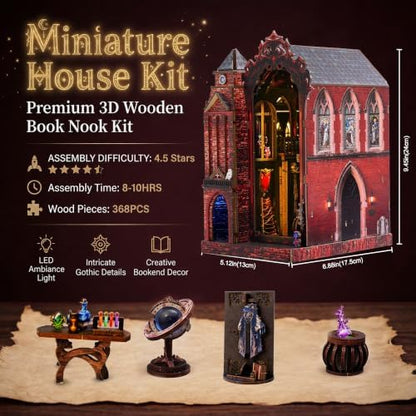 Book Nook Kit for Bookshelf — Arcane Spire Magical Castle 3D Wooden Puzzle, DIY Miniature Dollhouse with LED Lights, Fantasy Book Shelf Insert Decor, Creative Gift for Adults & Teens - Image 4