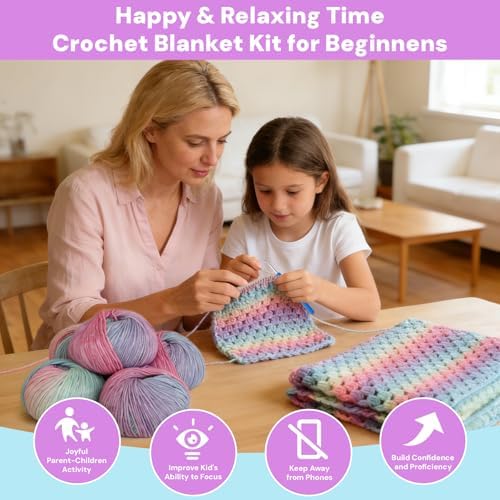 HUYEIOBGD Crochet Blanket Kit for Beginners – Super Easy Crochet Starter Kit with Soft Gradient Yarn, Step-by-Step Video Tutorials & Crochet Accessories, Aurora Purple, Crochet kit - Image 2