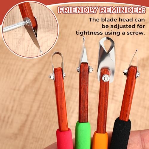 Lanties 4 Pcs Pottery Carving Tool Set Sculpture Scraper Craft Modelling Tools Red Pear Wood Texture Handle with Stainless Steel Blade for Clay Carving, Ceramic Sculpting, Graffito (Novel Color) - Image 4