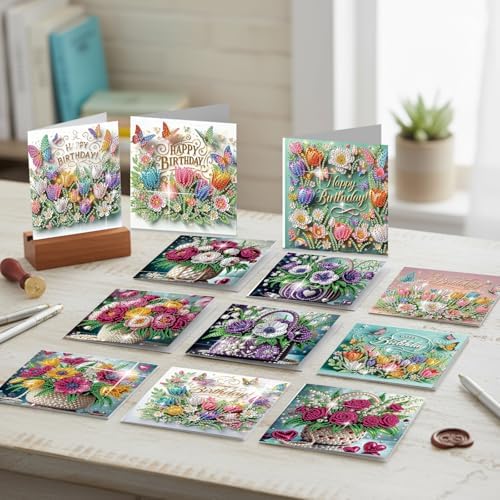 C'eitura 12Pcs Flower Bouquet Diamond Art Painting Greeting Card Kit with Envelopes, DIY Floral Christmas Birthday Thanksgiving Card Making Set, Elegant Handmade Card Craft - Image 7