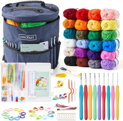 INSCRAFT Crochet Kit for Beginners Adults- Great Knitting Starter Kit for Colorful Craft for Professionals, Make Amigurumi Projects Includes 24 Colors Yarn, Hooks, Instructions, a Durable Bag by INSCRAFT