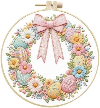 JJFox Embroidery Kit for Beginners and Adults, DIY Hand Embroidery Starter Kit with Cute Pattern, Cross Stitch Needlepoint Set with Hoop, Threads and Instructions (Easter Wreath) by JJFox