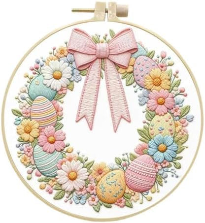 JJFox Embroidery Kit for Beginners and Adults, DIY Hand Embroidery Starter Kit with Cute Pattern, Cross Stitch Needlepoint Set with Hoop, Threads and Instructions (Easter Wreath) by JJFox