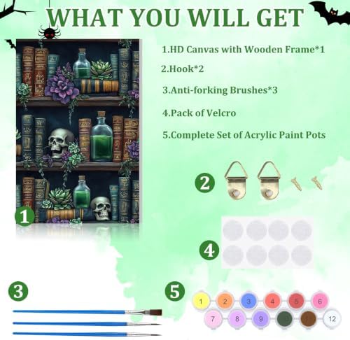 NAIMOER Halloween Paint by Numbers Kits for Adults Beginner with Wooden Framed, Skull Bookshelf Color by Numbers on Canvas Painting Kits for Adults, Easy Paint DIY Acrylic for Home Decor 8X12 Inch - Image 5