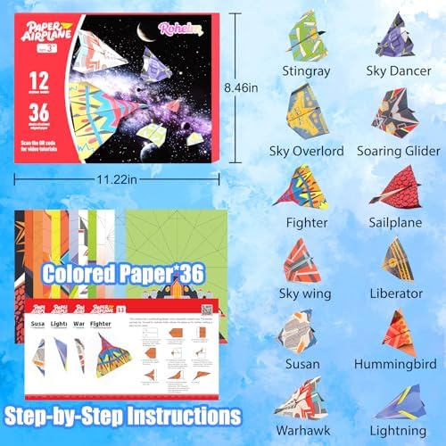 Paper Airplane Kits, Origami Kit for Kids 5-8 8-12, 12 Classic Origami Designs, 36 Sheets of Colorful Origami Paper, Crafts for Kids Activities, Airplane Gifts for Kids Ages 5-12 Boys and Girls - Image 2