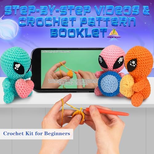 ekaus Crochet Kit for Beginners, Crochet Kit with Step-by-Step Video Tutorials, Crochet DIY Knitting Supplies for Adults, Crochet Aliens(45%+ Yarn) - Image 4