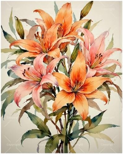 Floral Art Paint by Numbers Kit for Adults - DIY Watercolor Orange Lily Bouquet Painting on Canvas, Acrylic Paint Set, Suitable for Beginners, Art for Home Decoration or Gifts(16X20IN Framed) by Unknown