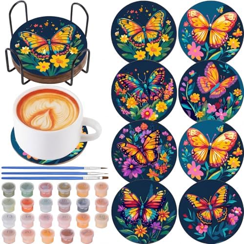 Reallnaive 8 Pcs Butterfly Flower Paint by Numbers Kit Coaster for Adults by Reallnaive
