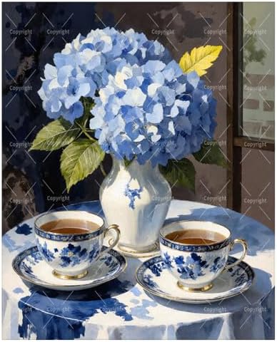 Floral Paint By Numbers Kit For Adults - Diy Blue Hydrangea Tea Cups Painting On Canvas 16X20 In, Acrylic Paint Set, Suitable For Beginners, Wall Art Decor Art For Home Decoration Or Gifts, Unframed by Unknown
