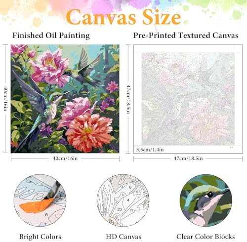Paint by Numbers Kit for Adults, Hummingbird & Blooming Flowers, 16x16 Inch - Image 2